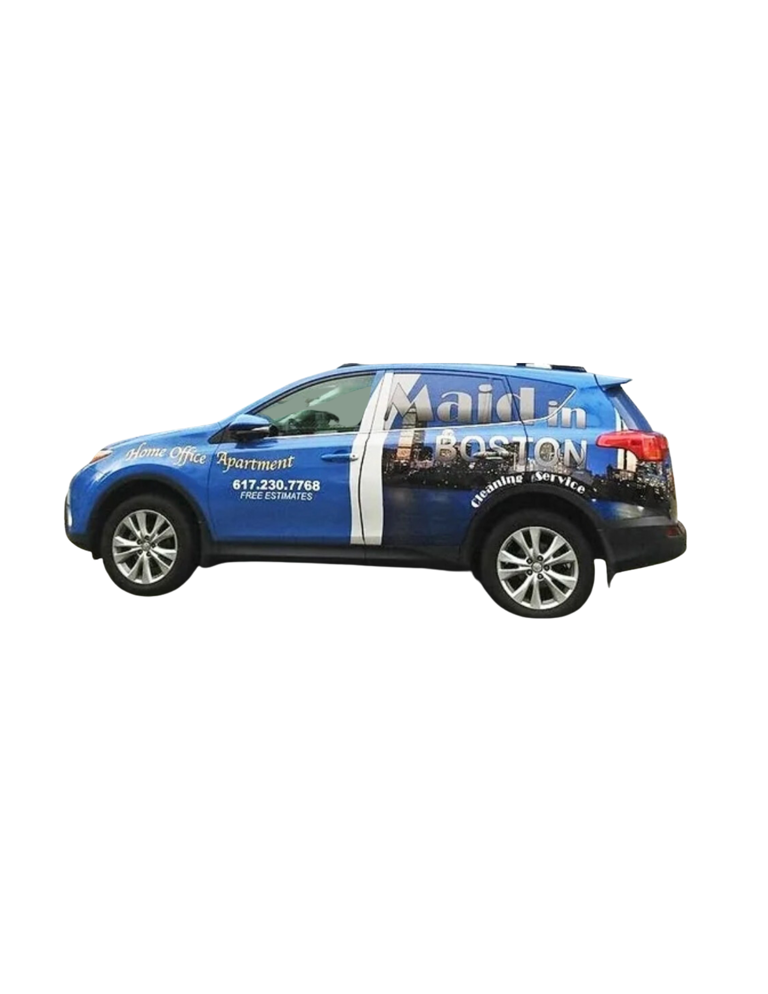 Maid In Boston's blue wrapped cleaning service vehicle